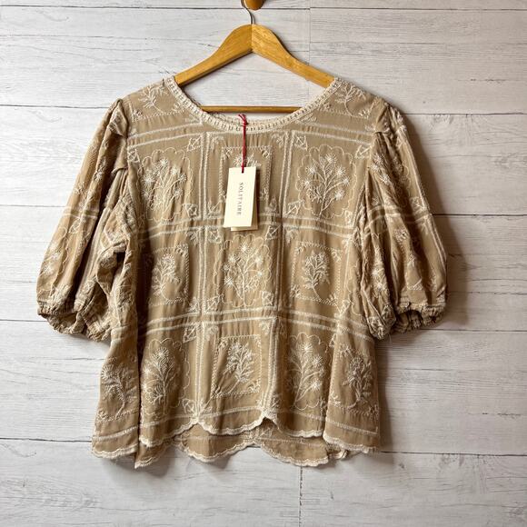 Solitaire Blouse Womens Size Large Beige & Ivory Floral Embroidery Patch Work - Picture 1 of 16